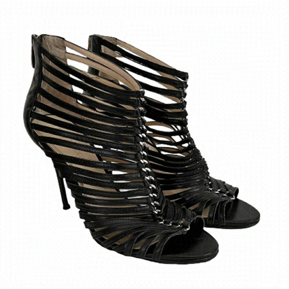 ENZO Angiolini Ginolfi Leather Peep Toe Gladiator Stiletto Heel Booties Black